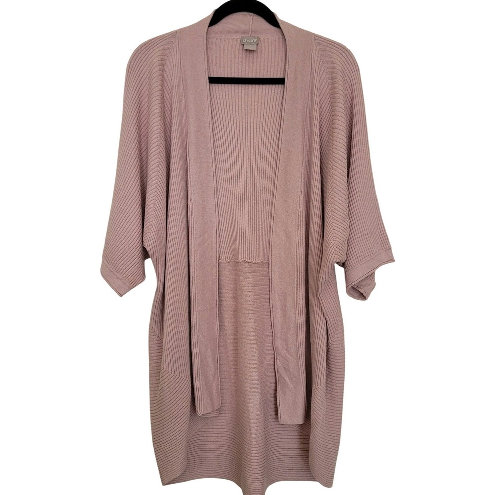 Chico's Pink Ribbed Knit Cardigan Sweater Open Front 3/4‎ Sleeve M Women